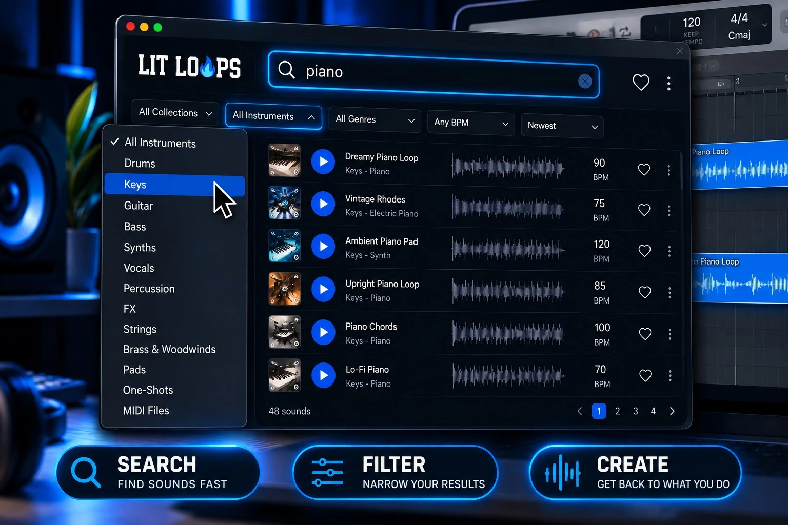 Lit Loops Connector search and instrument filters displayed with Logic Pro